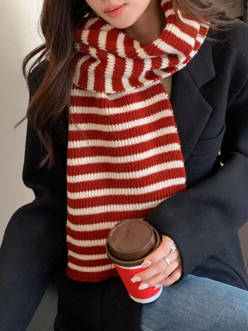 100% Wool Striped Knitted Winter Scarf, image 4