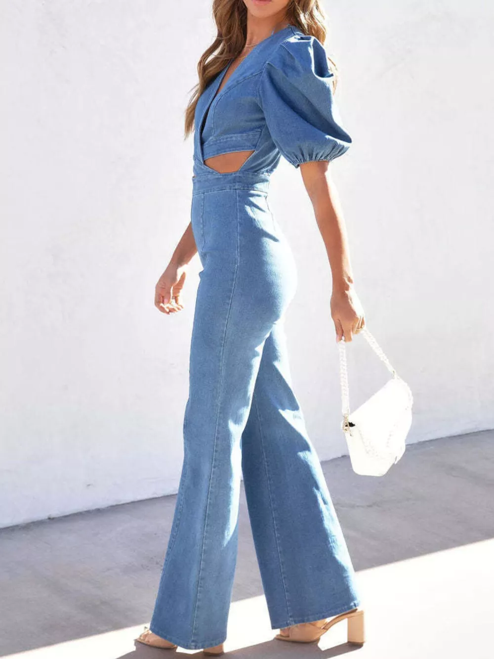 Cutout Puff Sleeve Denim Jumpsuit, image 7