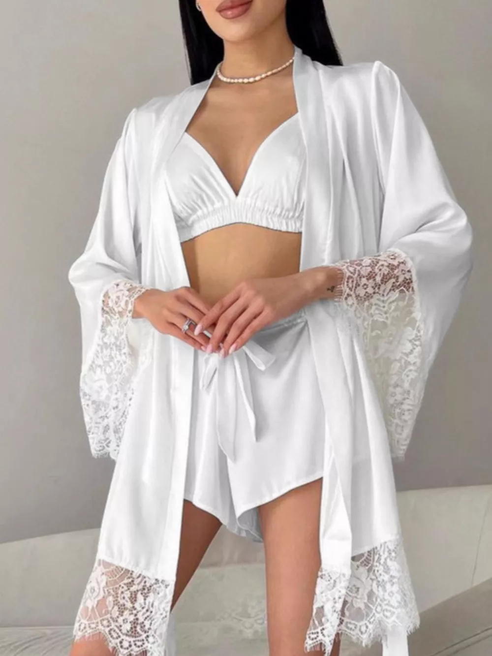 Cami & Lace Trim Cardigan & Shorts Lounge Set, image 5