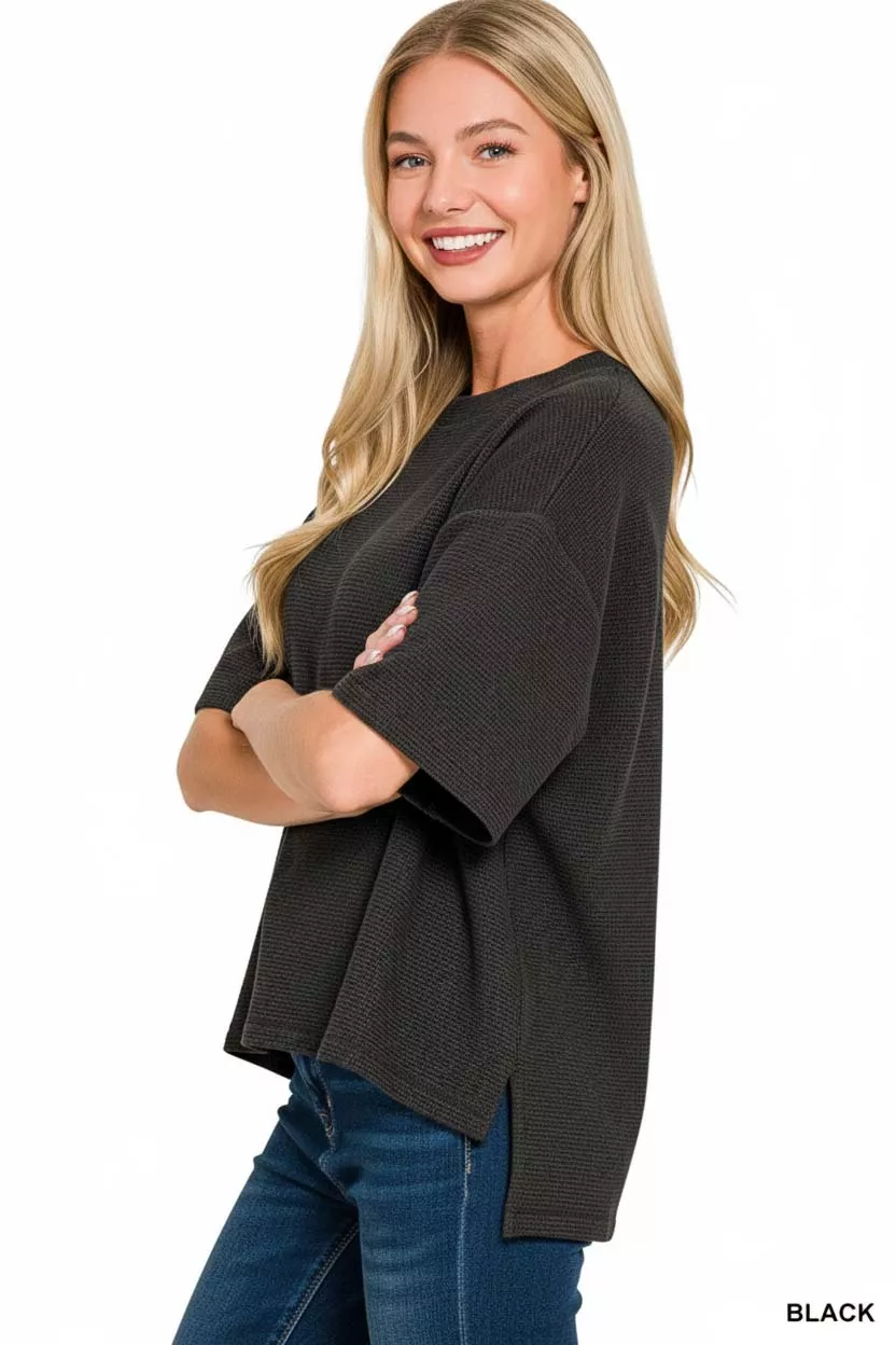 Full Size Double Knit Side Slits Hi Low Short Sleeve Top Plus Size, image 2