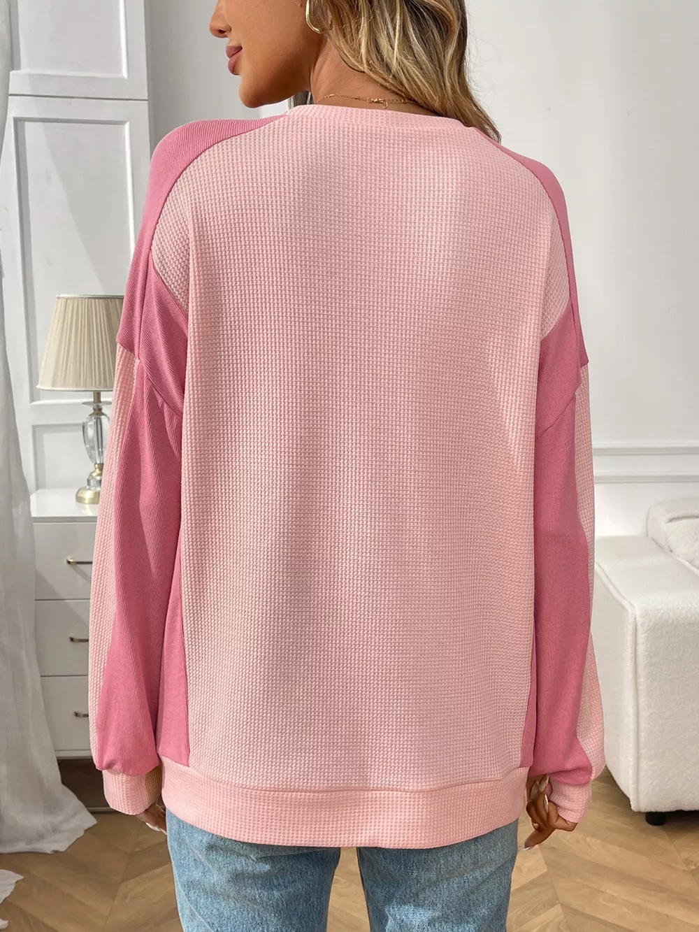 Color Block Waffle Knit Long Sleeve T-Shirt, image 2