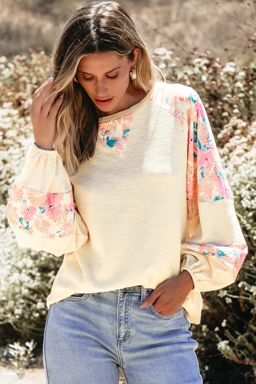 Printed Round Neck Balloon Sleeve Sweatshirt, image 7