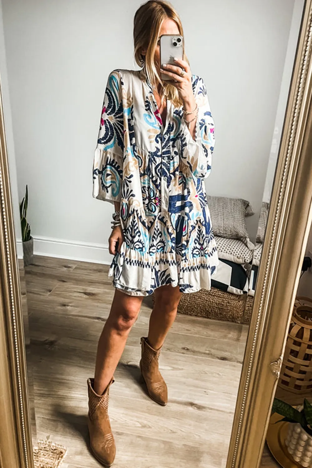 Printed Notched Three-Quarter Sleeve Mini Dress, image 5