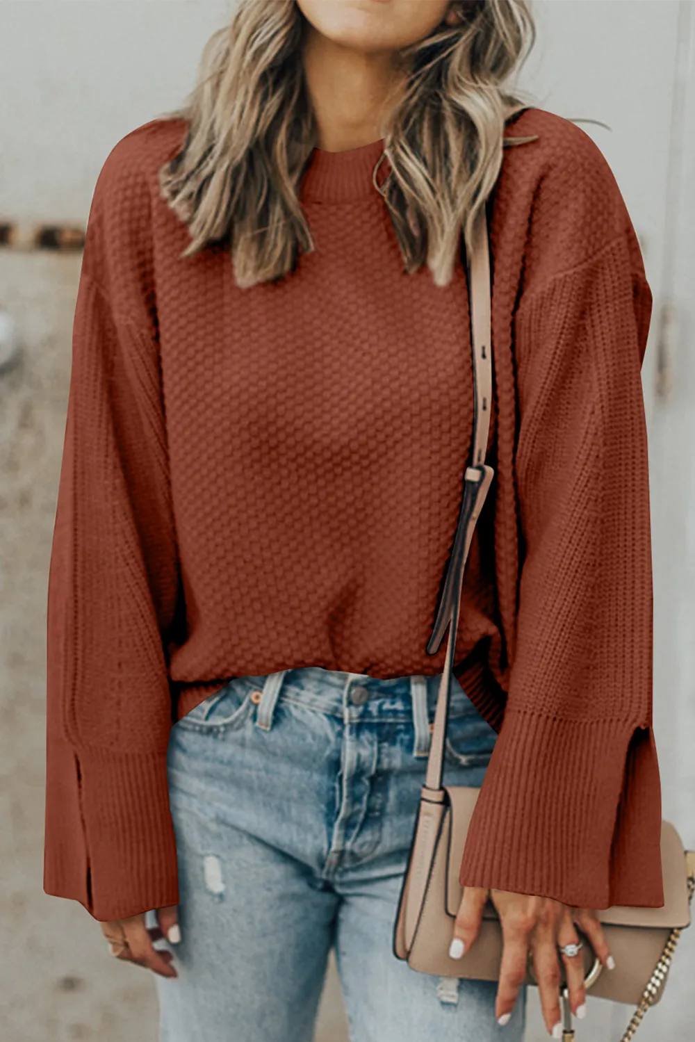 Textured Round Neck Long Sleeve Sweater, image 6