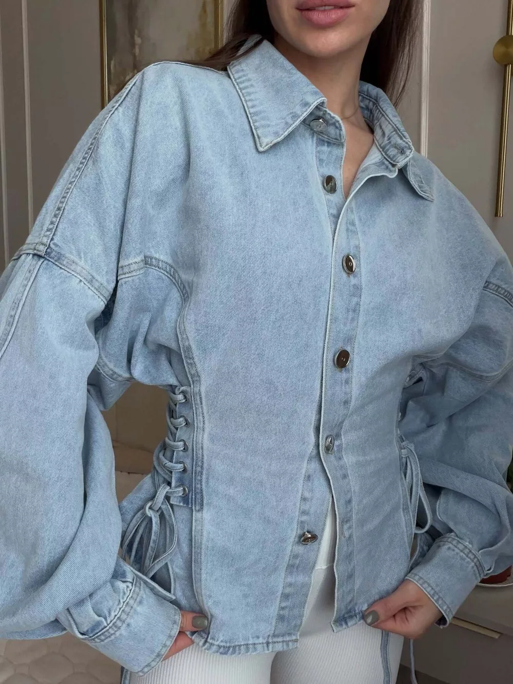 Button Down Lace-Up Side Denim Jacket, image 3