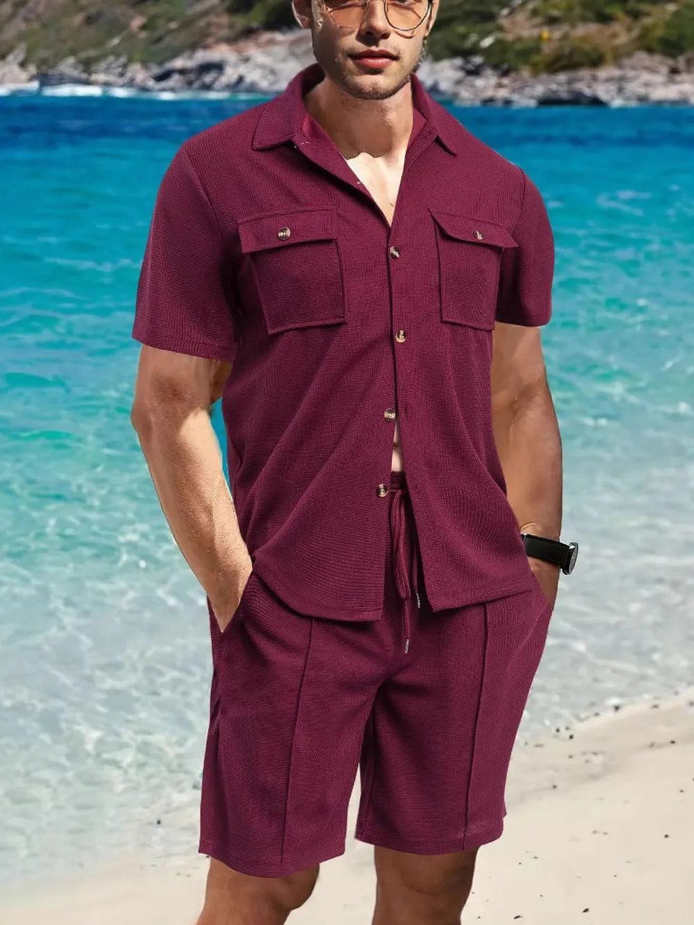 Men's Full Size Button Down Short Sleeve Top and Shorts Set Plus Size, image 5