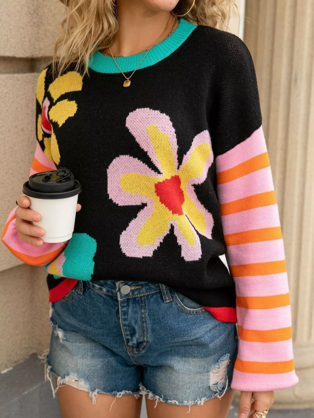 Floral Striped Crew Neck Sweater, image 7