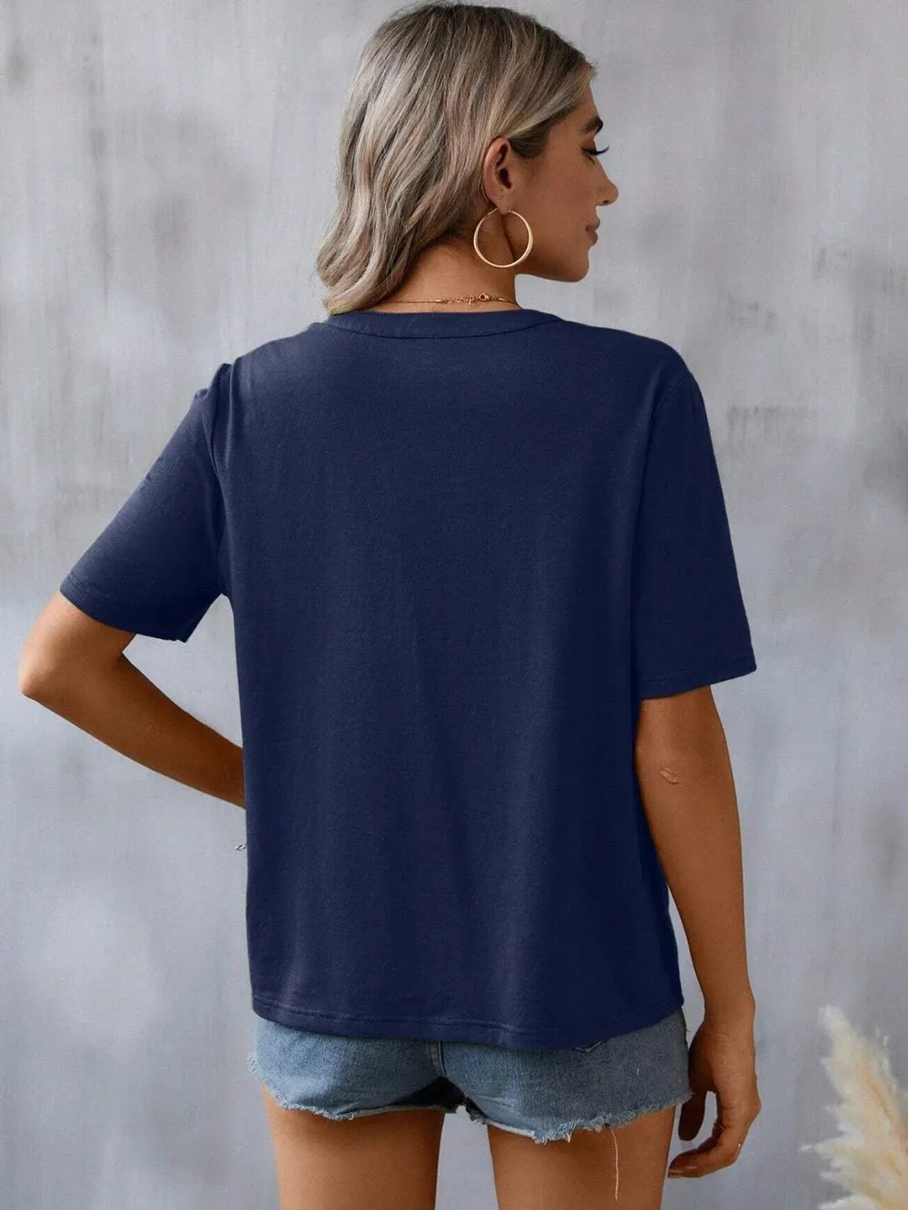 Embroidered Notched Short Sleeve T-Shirt, image 7