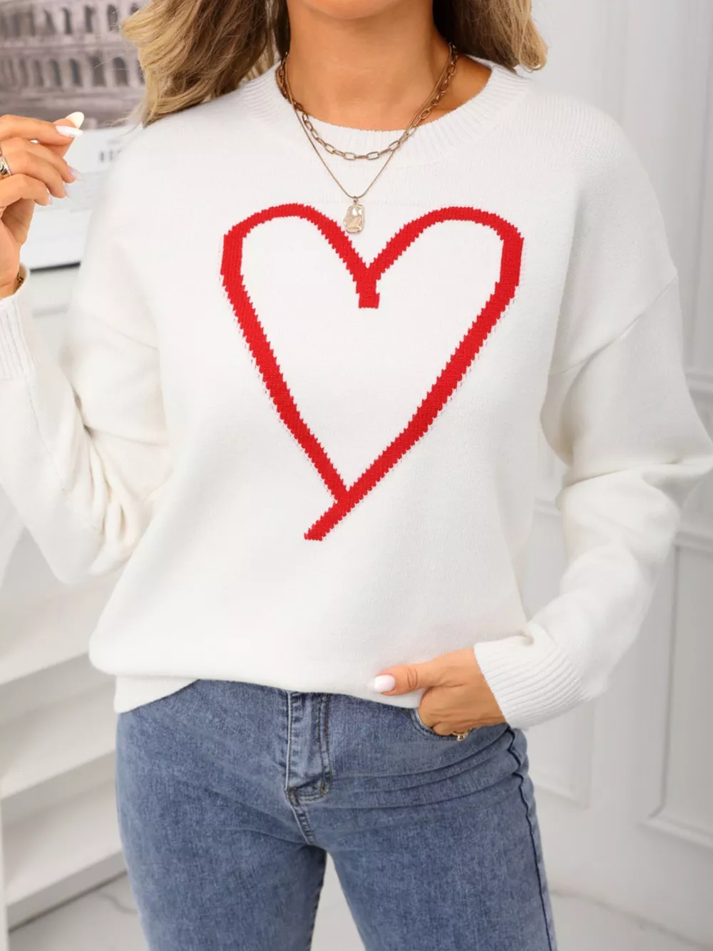 Valentine's Day Heart Graphic Dropped Shoulder Sweater, image 12