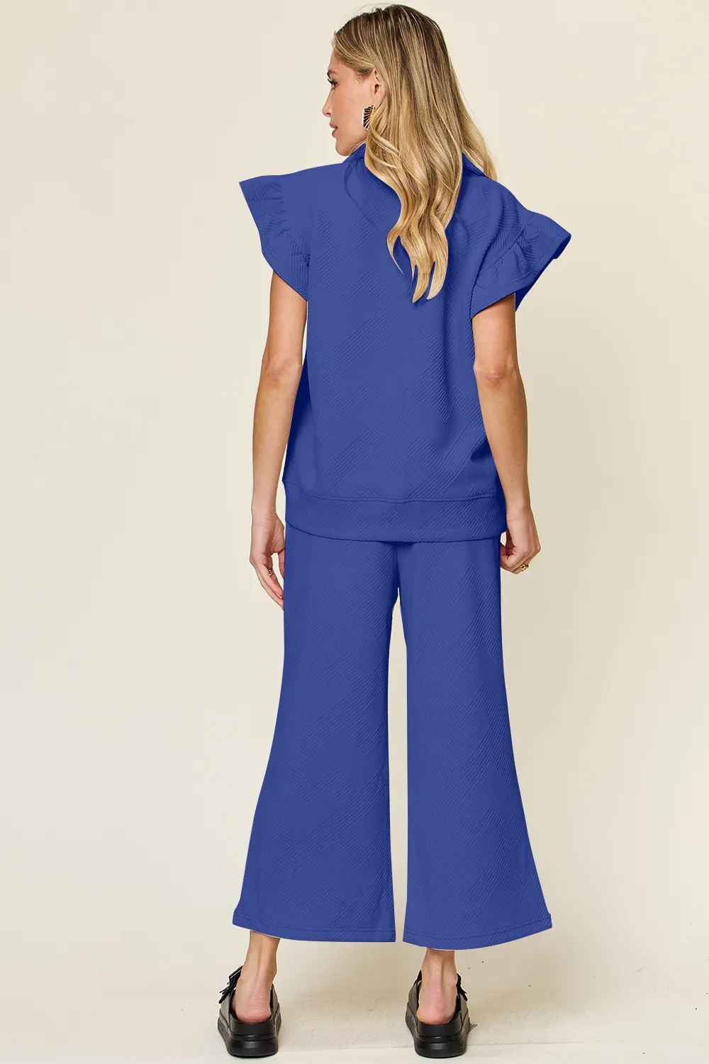 Texture Ruffle Short Sleeve Top and Drawstring Wide Leg Pants Set, image 19