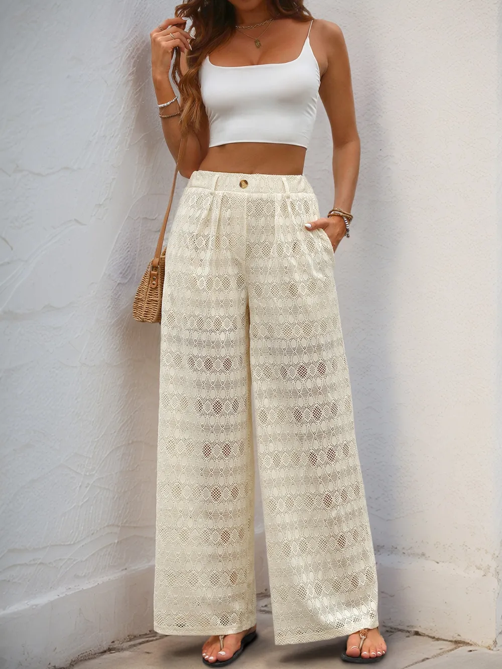 Decorative Button Wide Leg Pants, image 5