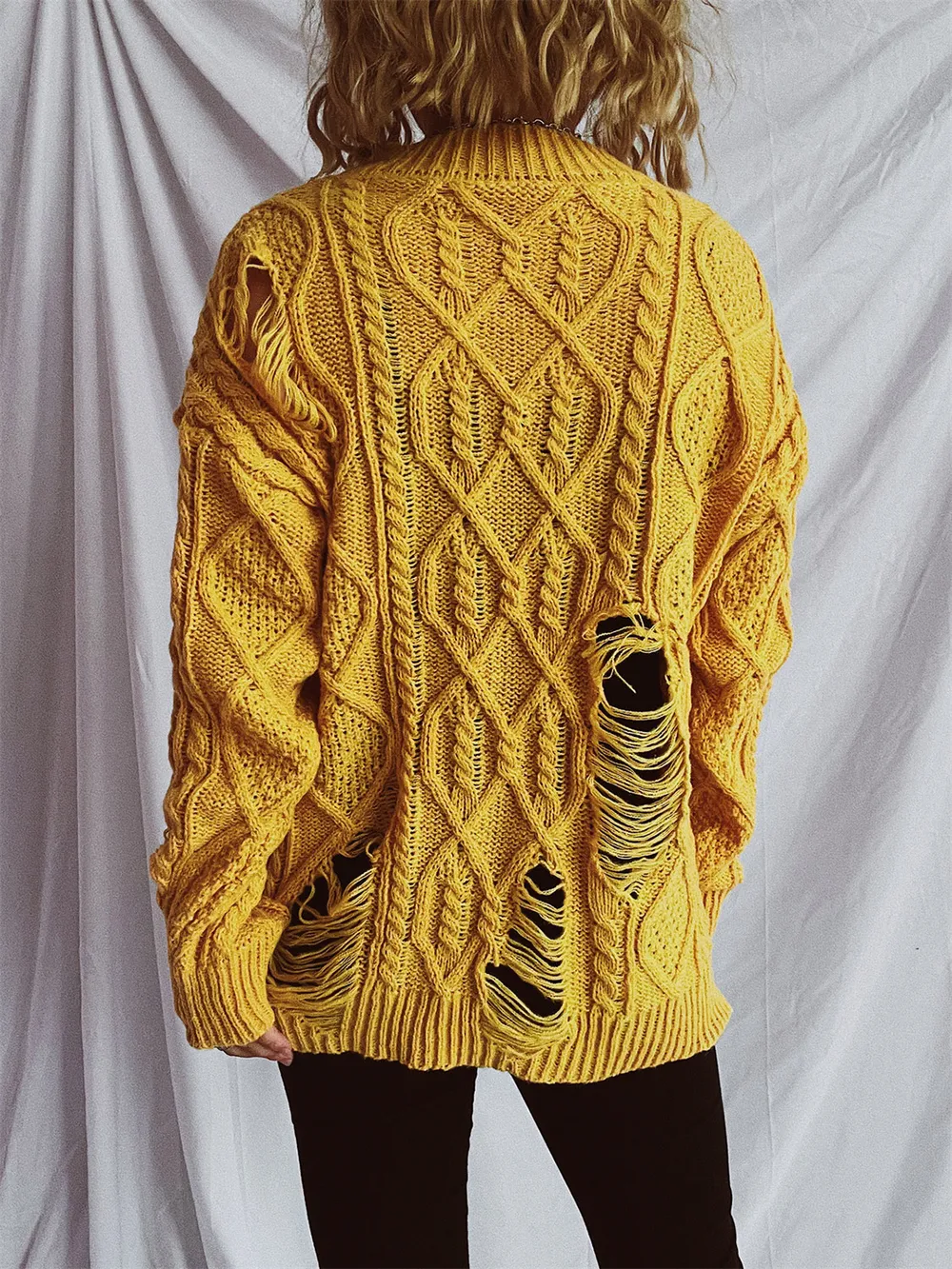 Distressed Cable-Knit Round Neck Long Sleeve Sweater, image 16