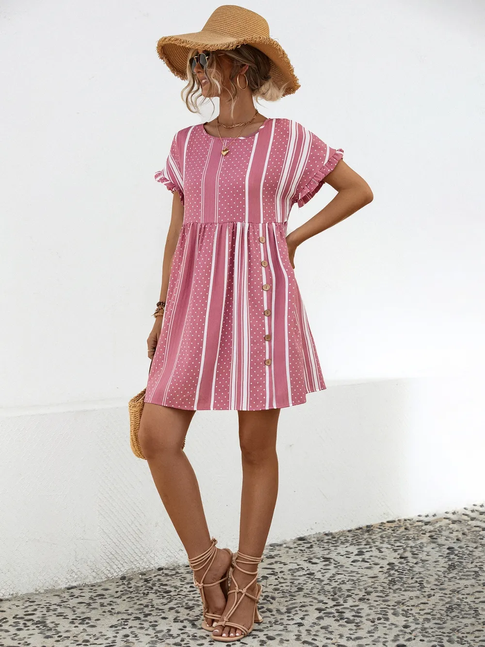 Striped Polka Dot Frill Short Sleeve Mini Dress, image 5