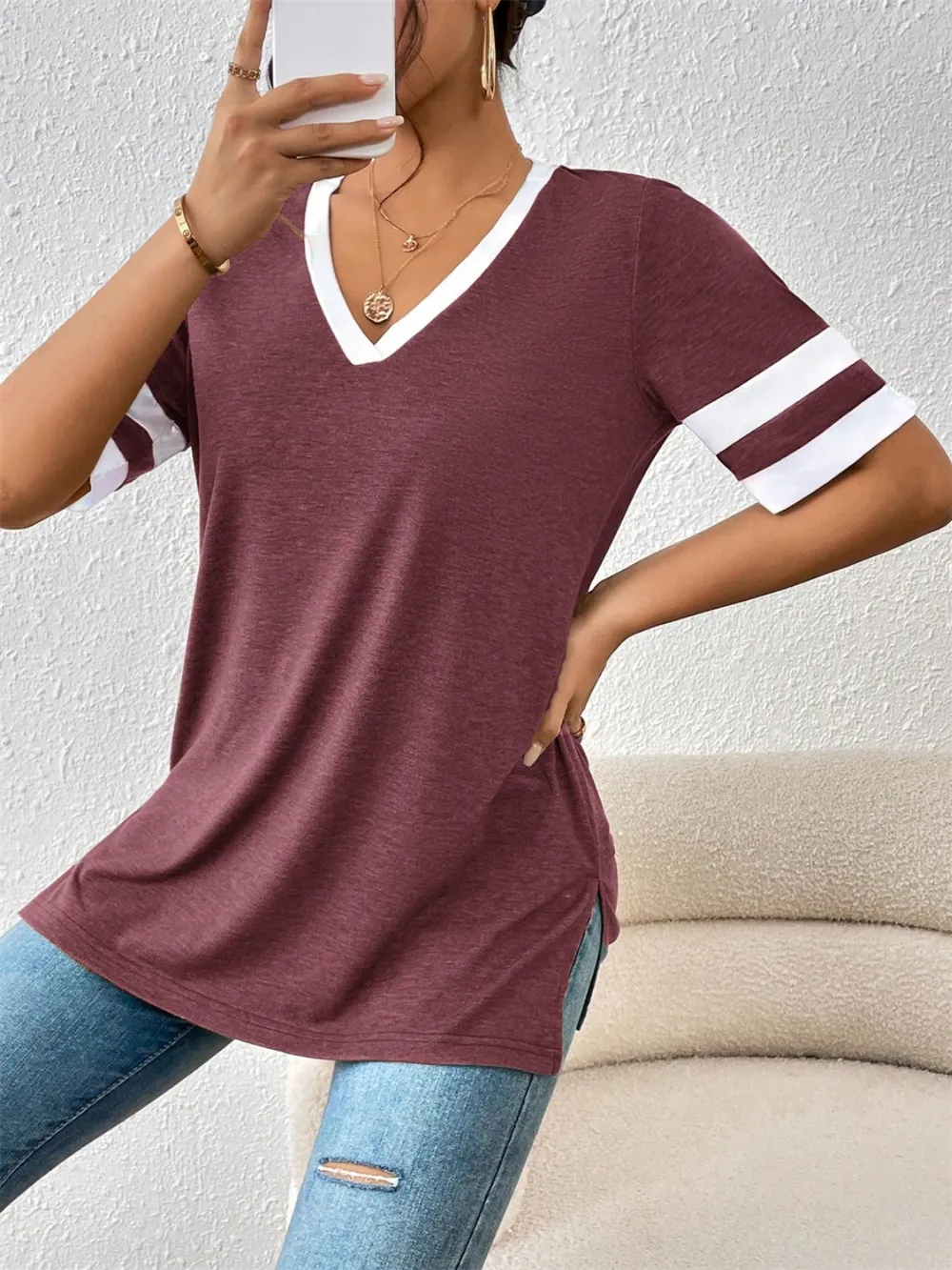 Contrast Trim V-Neck Short Sleeve T-Shirt, image 5