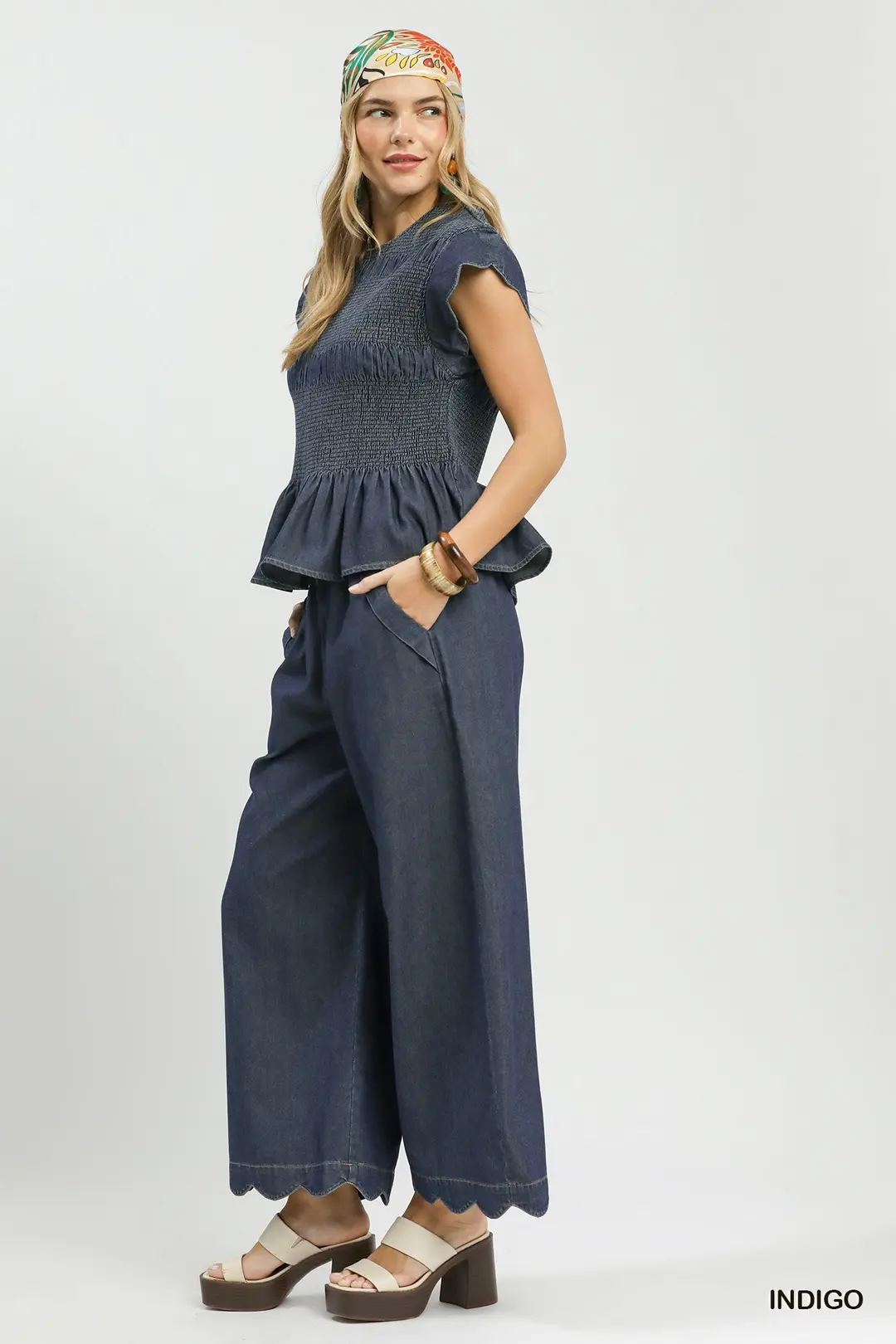 Smocked Peplum Top with Scalloped Ruffle Cap Sleeves, image 6