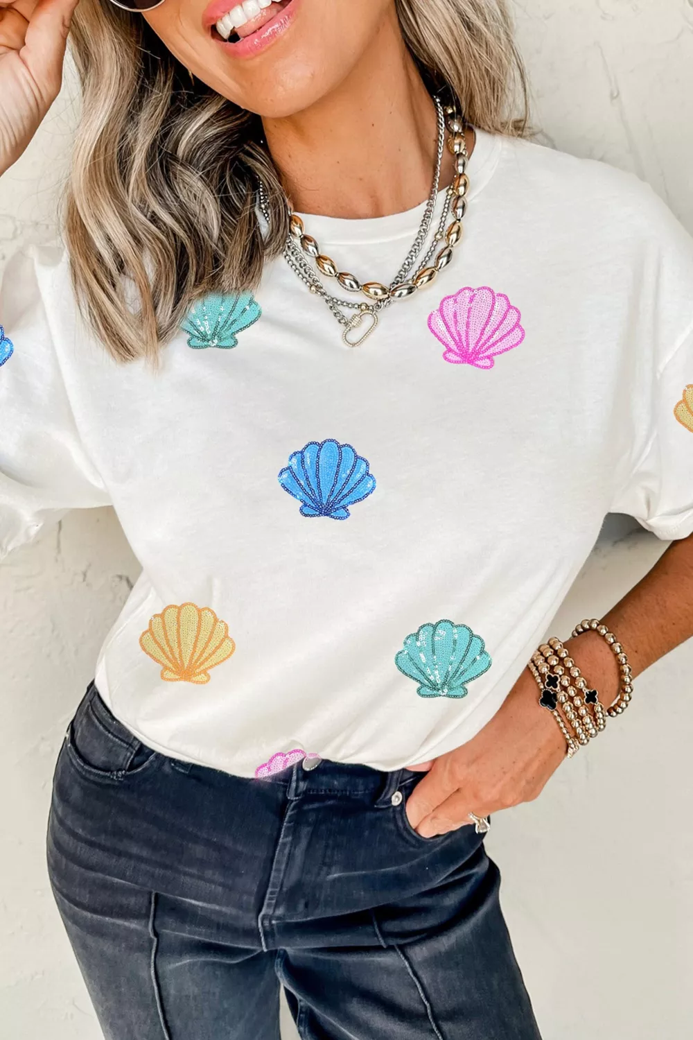 Sequin Shell Graphic Summer Loose T Shirt, image 2