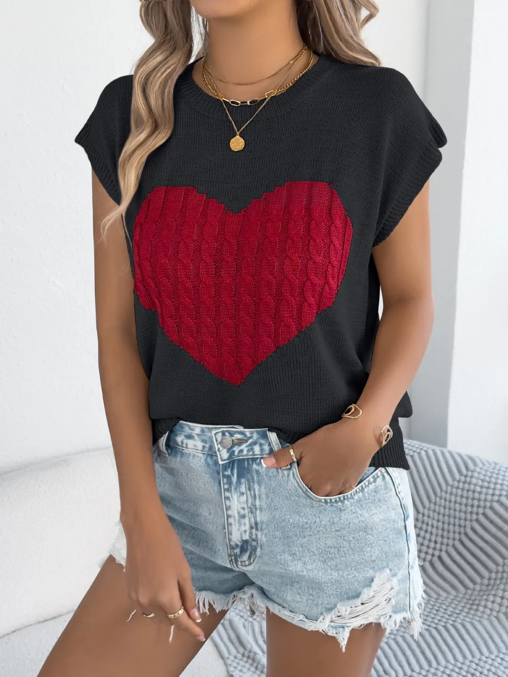 Cable Knit Heart Round Neck Cap Sleeve Knit Top, image 17