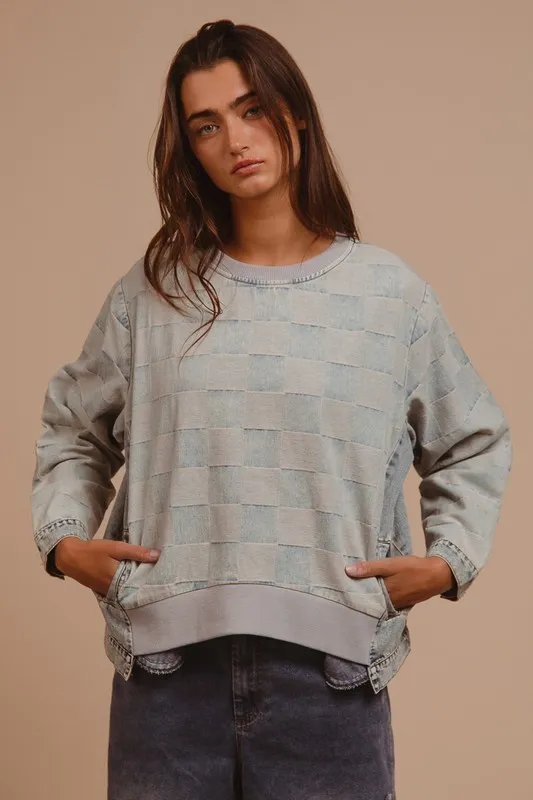 Mineral Washed Checkered Round Neck Denim Top