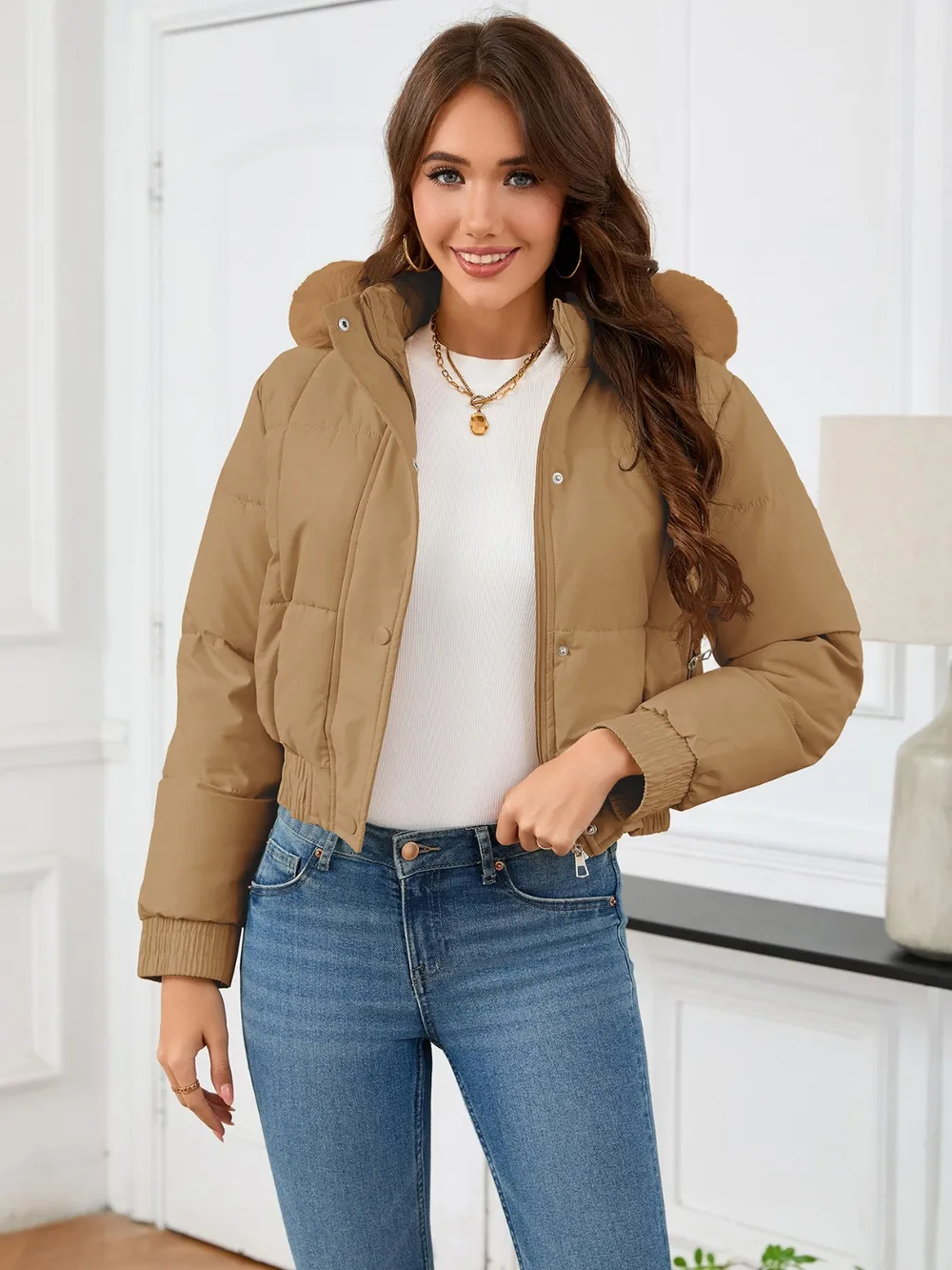 Pocketed Long Sleeve Cropped Hooded Winter Coat, image 5