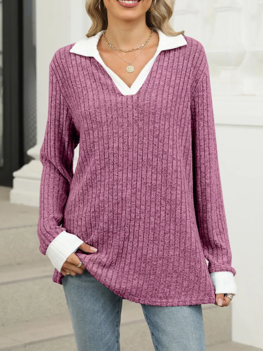 Ribbed Knit Long Sleeve T-Shirt, image 32