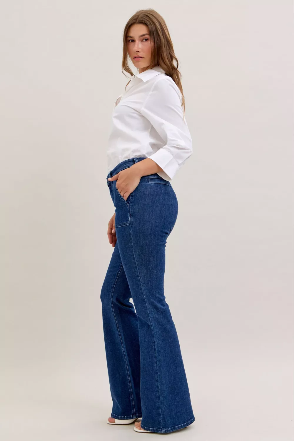 High Waist Flare Jeans with Front Patch Pockets, image 4
