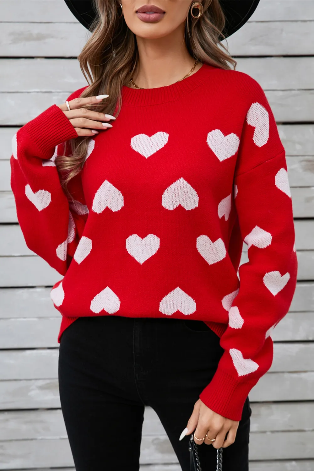 Heart Round Neck Long Sleeve Sweater, image 6