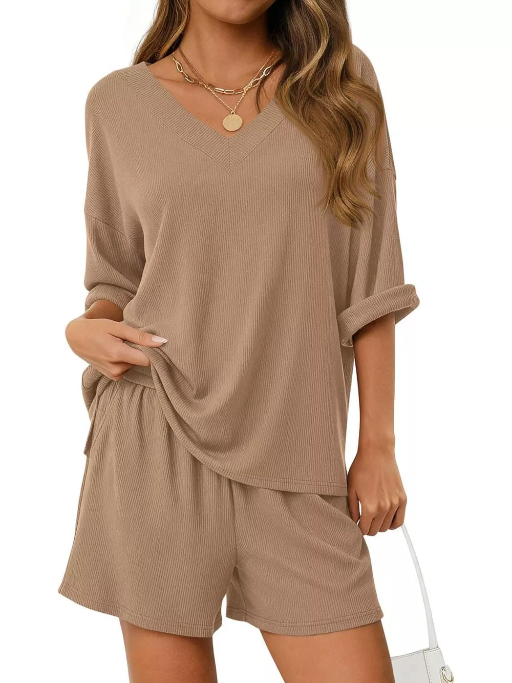 Casual Solid Color V-Neck Top & Shorts Set, image 4