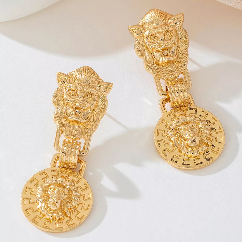 18K Gold-Plated Lion Head Medallion Drop Earrings, image 3