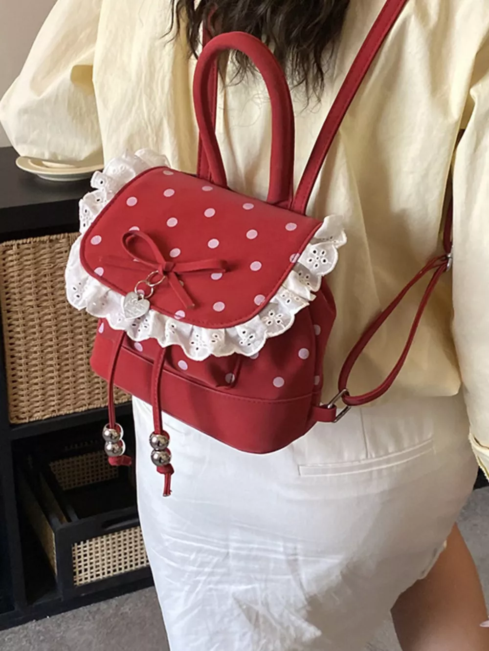 Polka Dot Lace Trim Backpack Bag, image 7