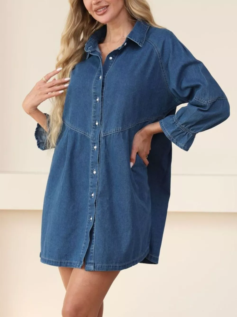 Classic Button-Down Long Sleeve Denim Shirt Dress, image 5