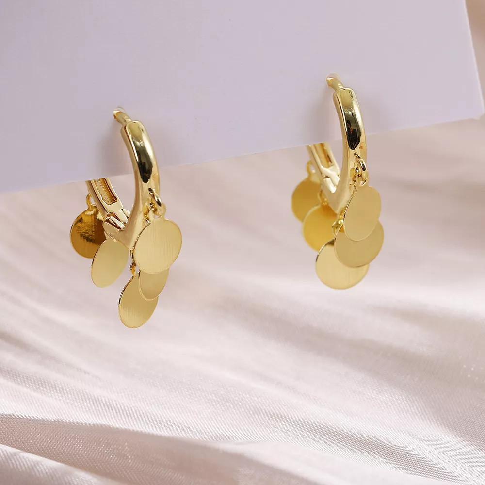 18K Gold-Plated Drop Hoop Earrings with Dangling Disc Charms, image 3