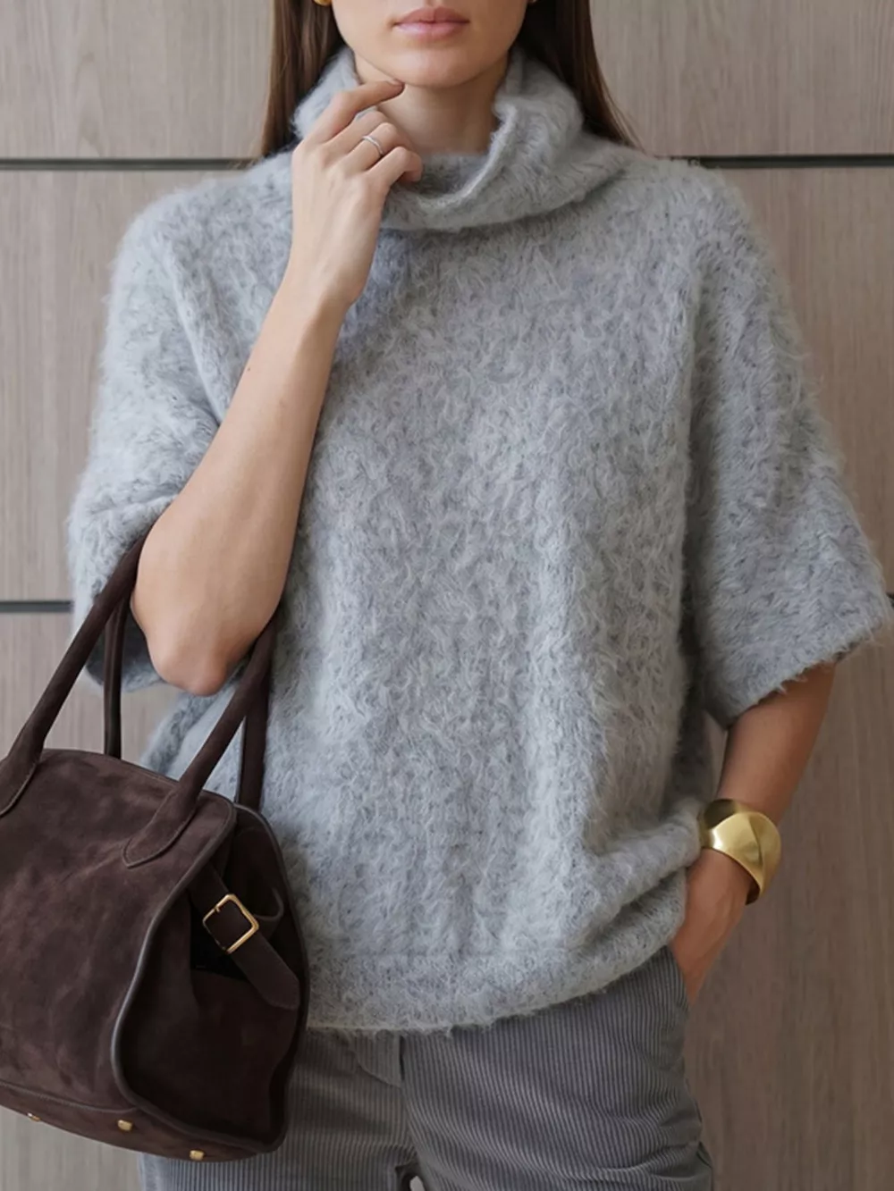 Turtleneck Fuzzy Short Sleeve Sweater, image 14