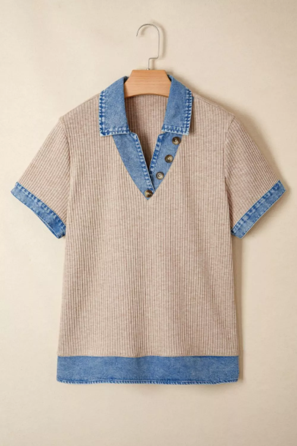 Ribbed Knit Contrast Denim Collar Top, image 3