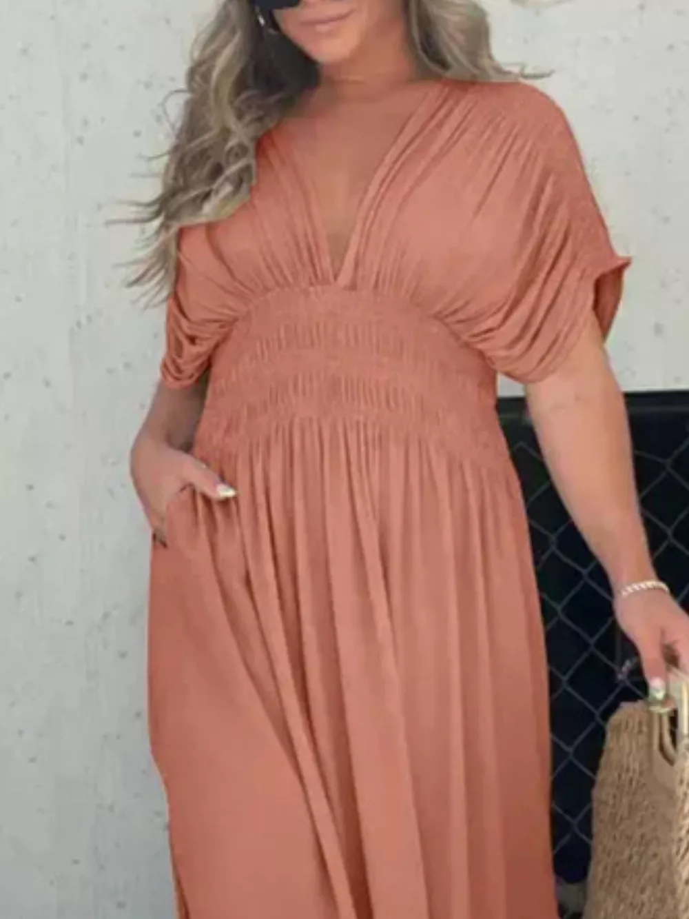 Full Size Slit V-Neck Smocked Waist Maxi Dress Plus Size, image 6