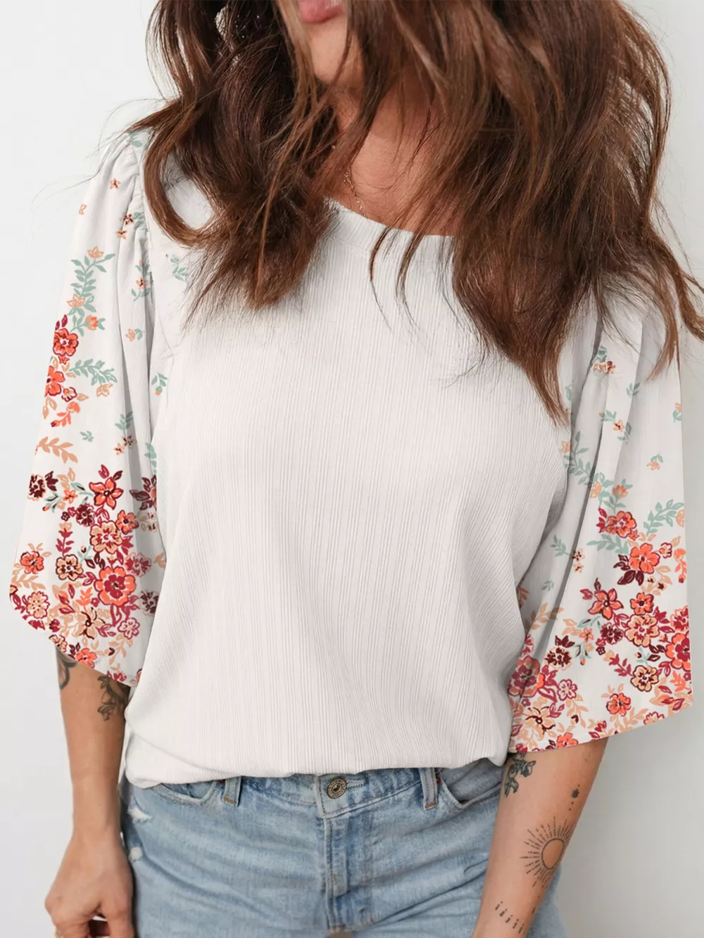Ribbed Texture Floral Print Half Sleeve Patchwork Top, image 5