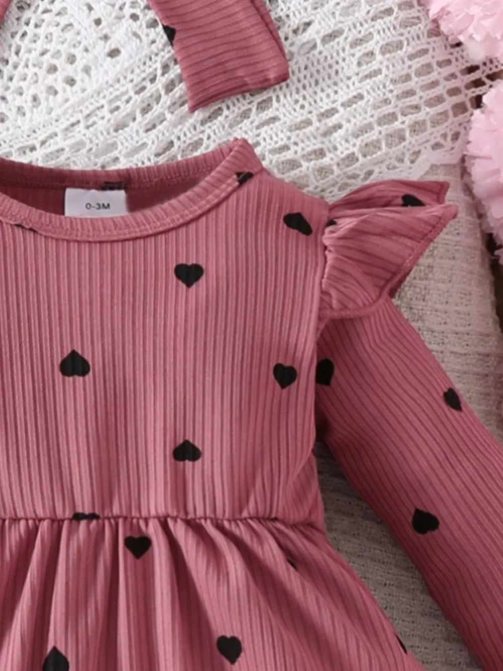 Children's Heart Print Ruffle Trim Bodysuit Dress with Headband, image 19