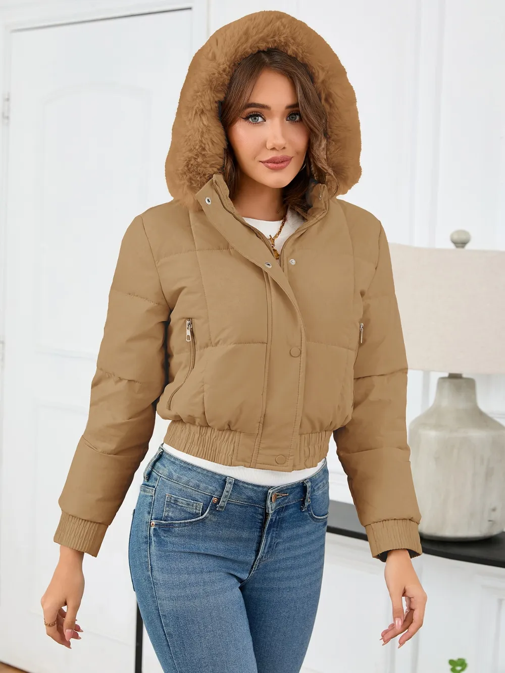 Pocketed Long Sleeve Cropped Hooded Winter Coat, image 4