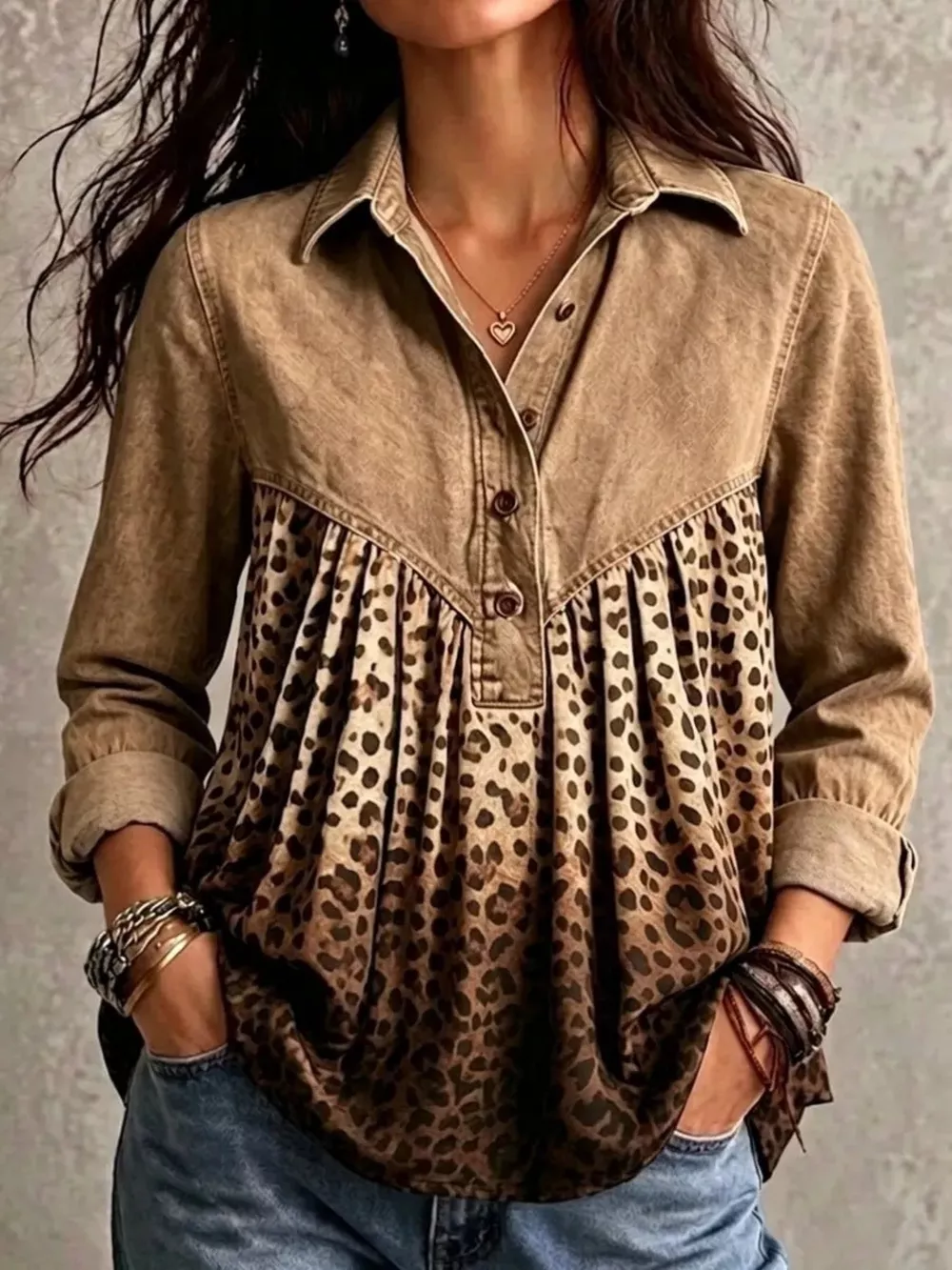 Full Size Leopard Button Detail Blouse Plus Size, image 5