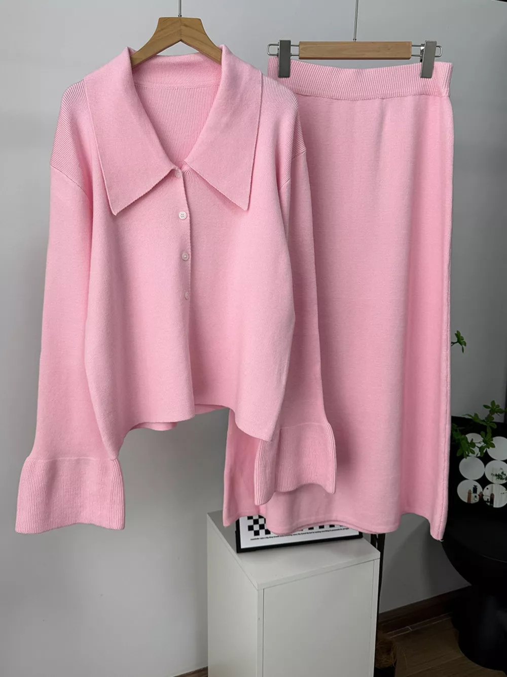 Button Down Long Sleeve Cardigan and Skirt Knit Set, image 21