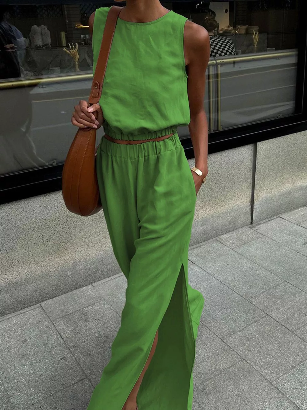 Sleeveless Crop Top and Slit Pants Set, image 6