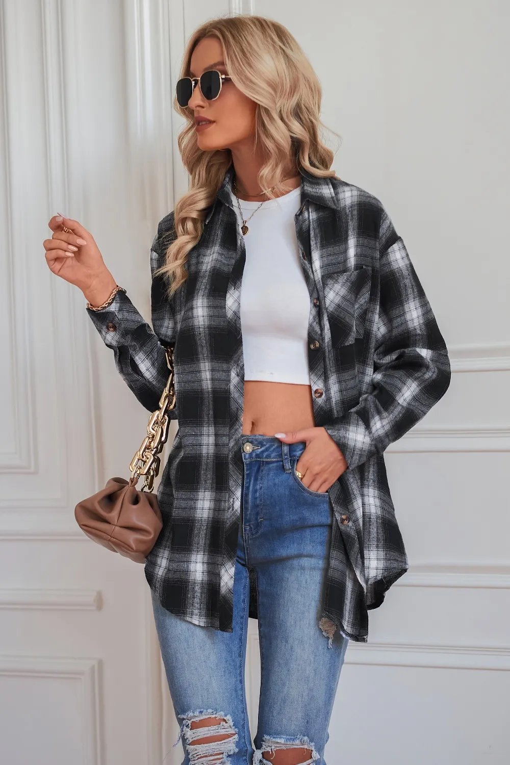 Plaid Button Up Dropped Shoulder Outerwear, image 7