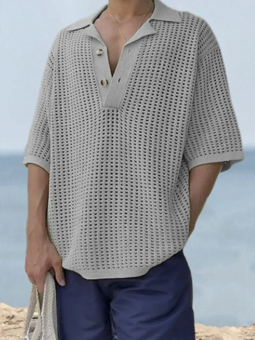 Men's Plus Size Openwork Collared Neck Quarter Button Knit Polo, image 7
