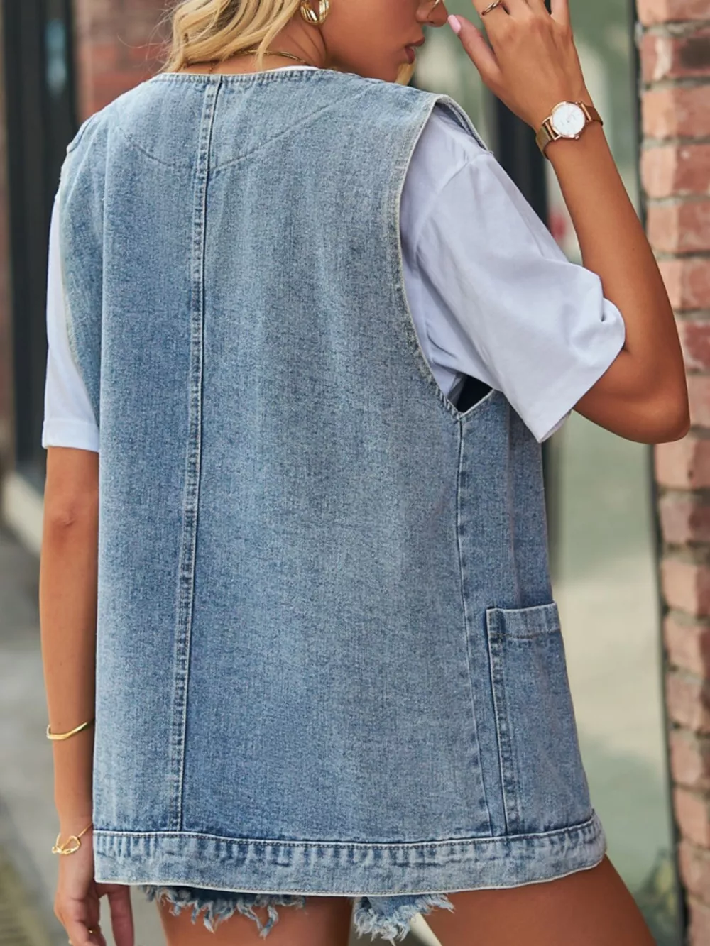 Sleeveless Button-Down Denim Jacket Vest, image 2