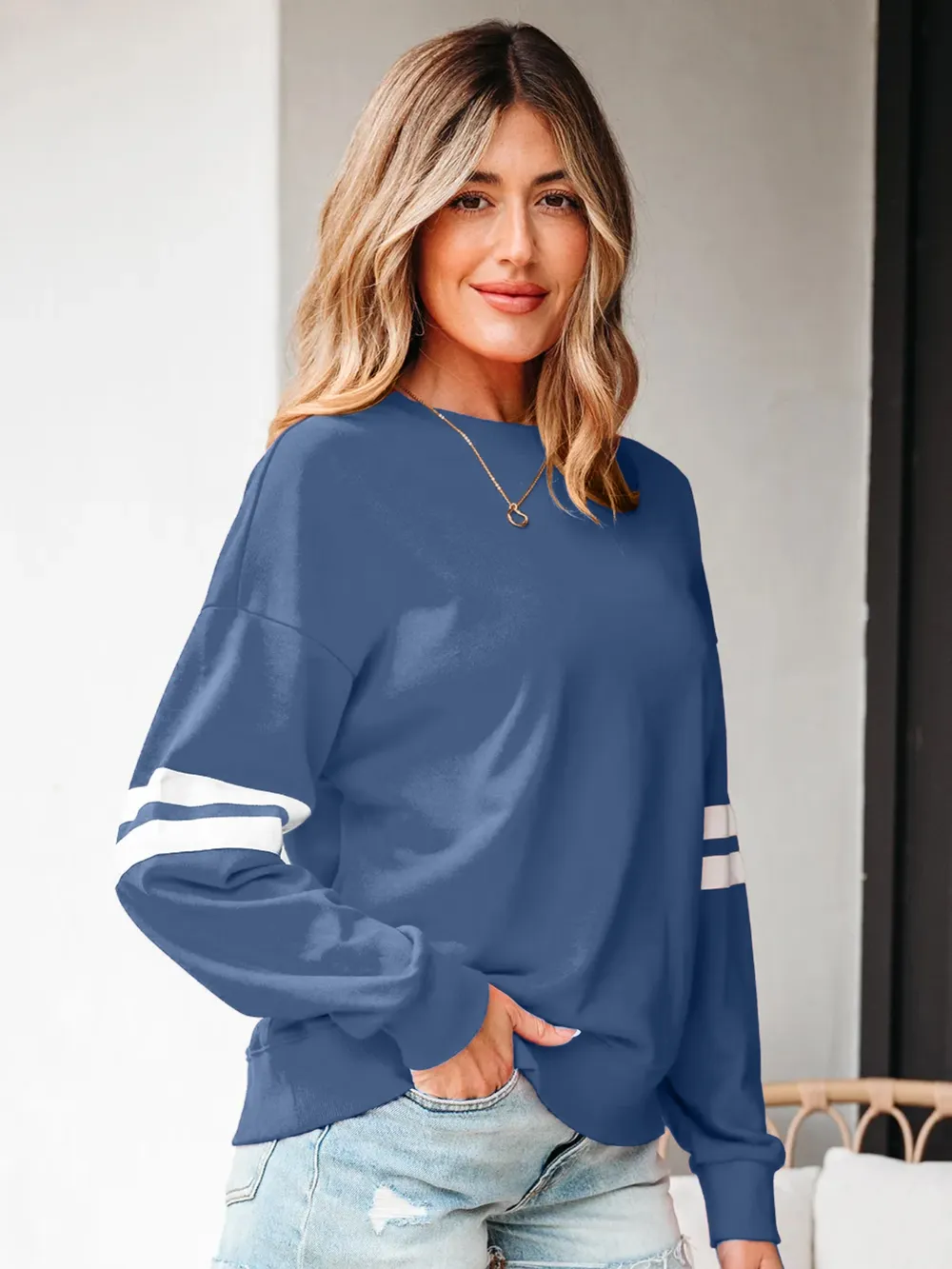 Stripe Round Neck Long Sleeve Sweatshirt, image 15