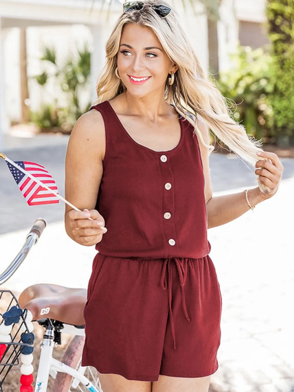 Scoop Neck Wide Strap Romper with Pockets, image 15