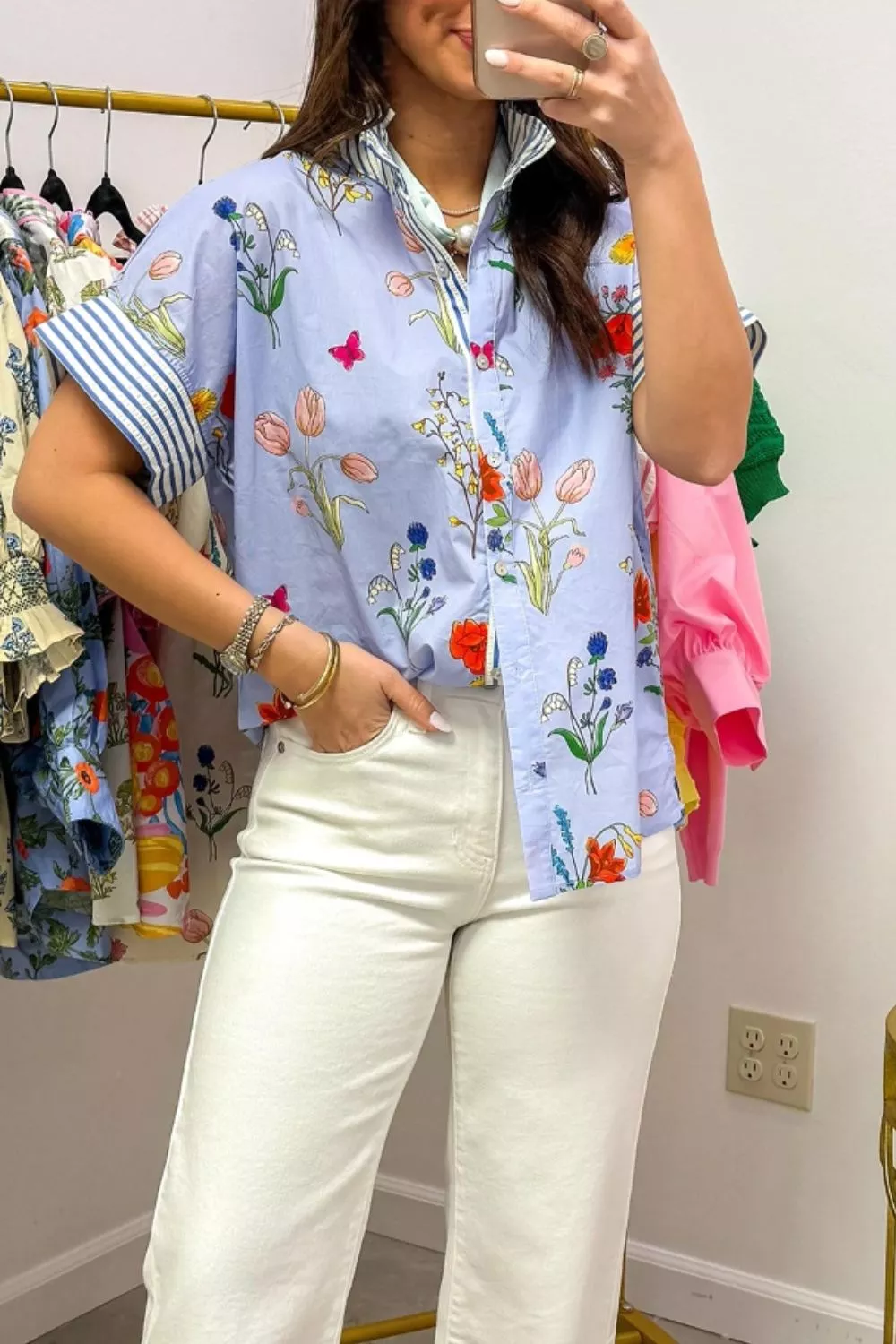 Floral Striped Patchwork Ruffled Collar Short Sleeve Shirt, image 3