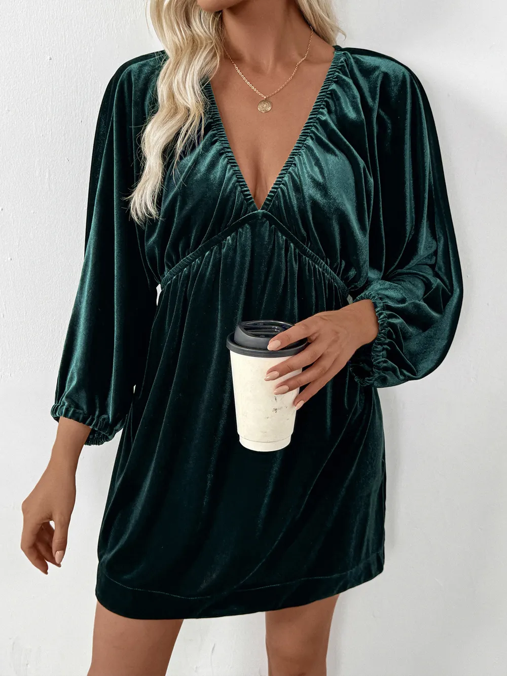 Ruched V-Neck Balloon Sleeve Dress, image 5