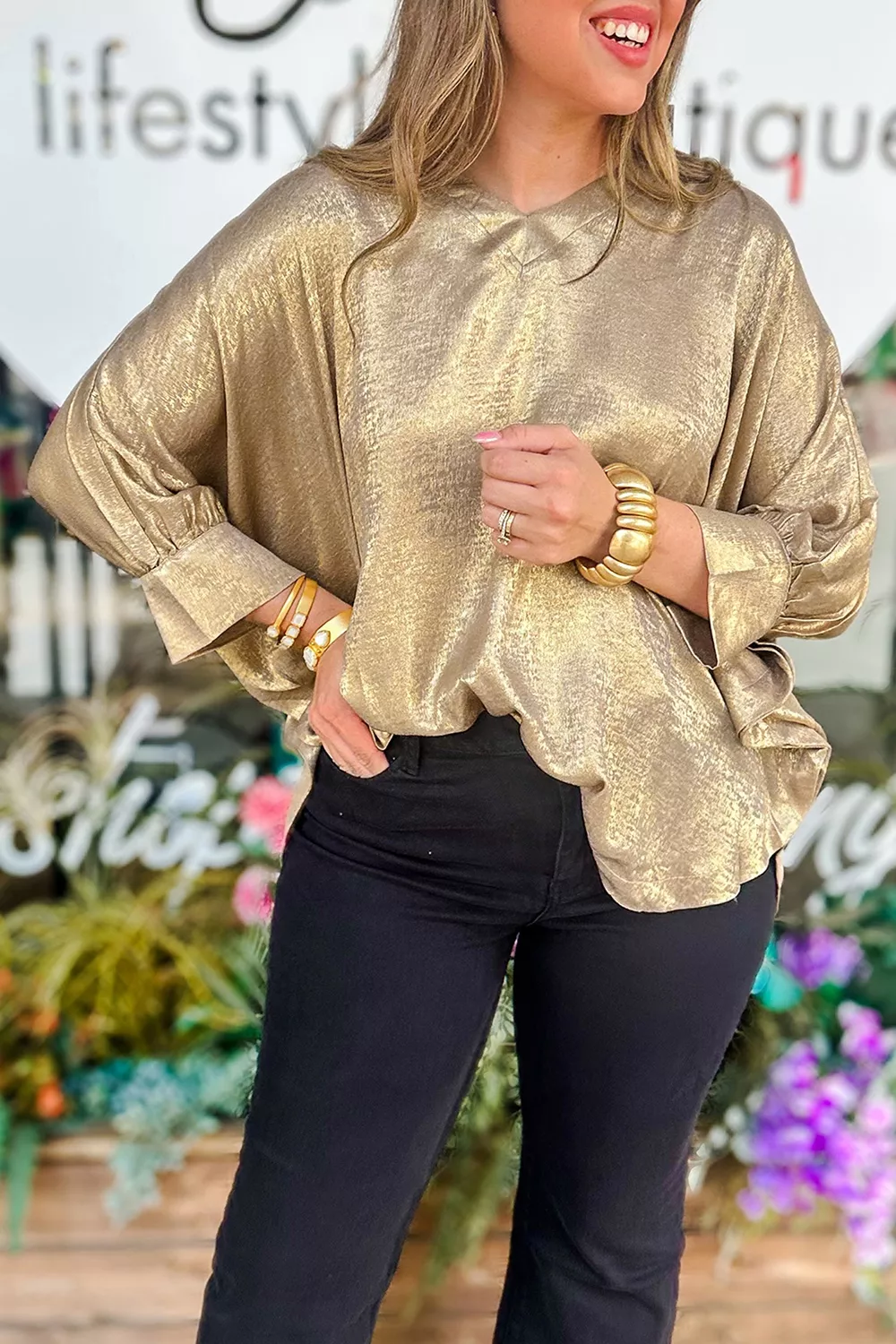 Metallic V Neck Button Cuffed Long Sleeve Dolman Blouse, image 4