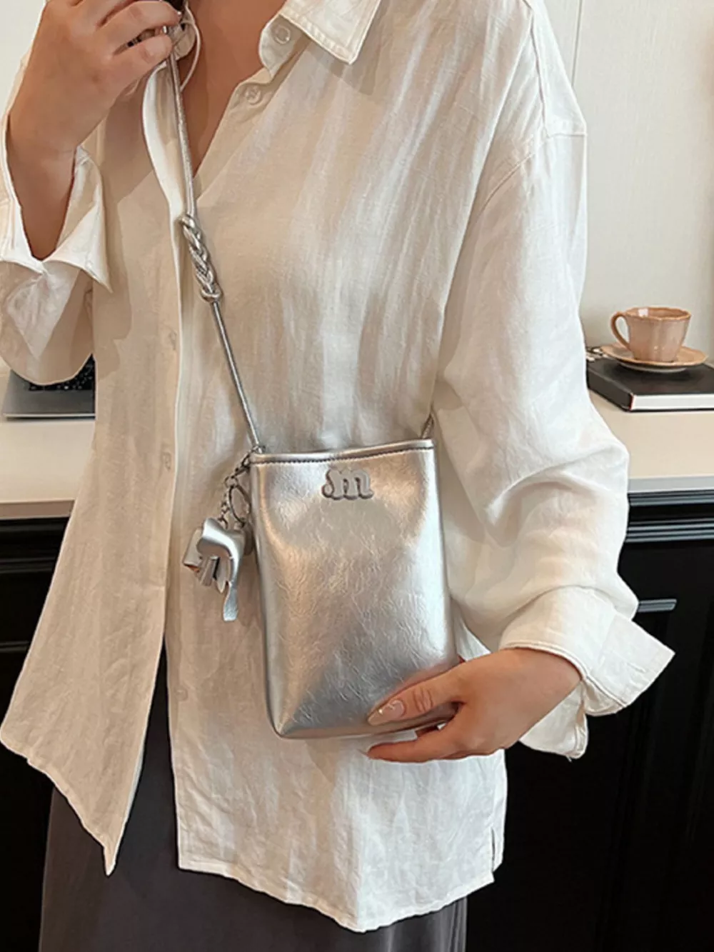 Minimalist PU Leather Crossbody Bag with Elephant Charm, image 9