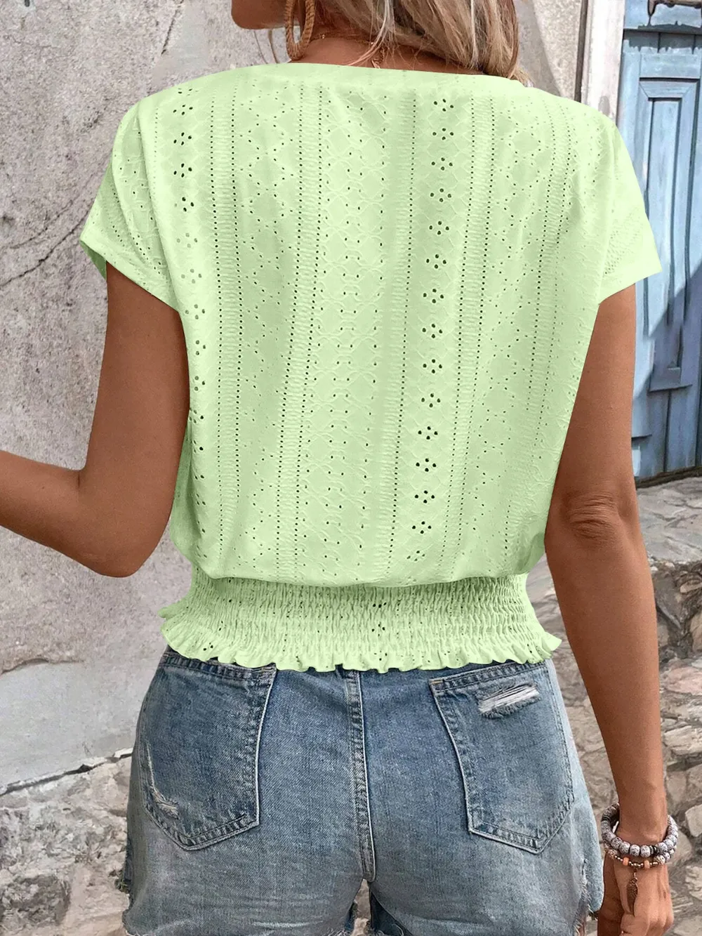 Eyelet V-Neck Short Sleeve Blouse, image 6